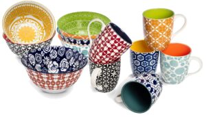 annovero mugs, cereal bowls. cute and colorful porcelain dishes for kitchen, microwave and oven safe. bundle