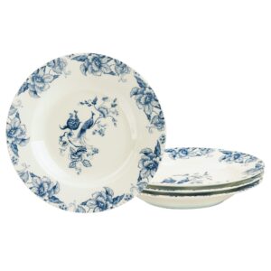 fanquare 8" bone china soup bowls set of 4, rimmed soup plates set for salad, pasta, ramen, blue porcelain floral deep plates
