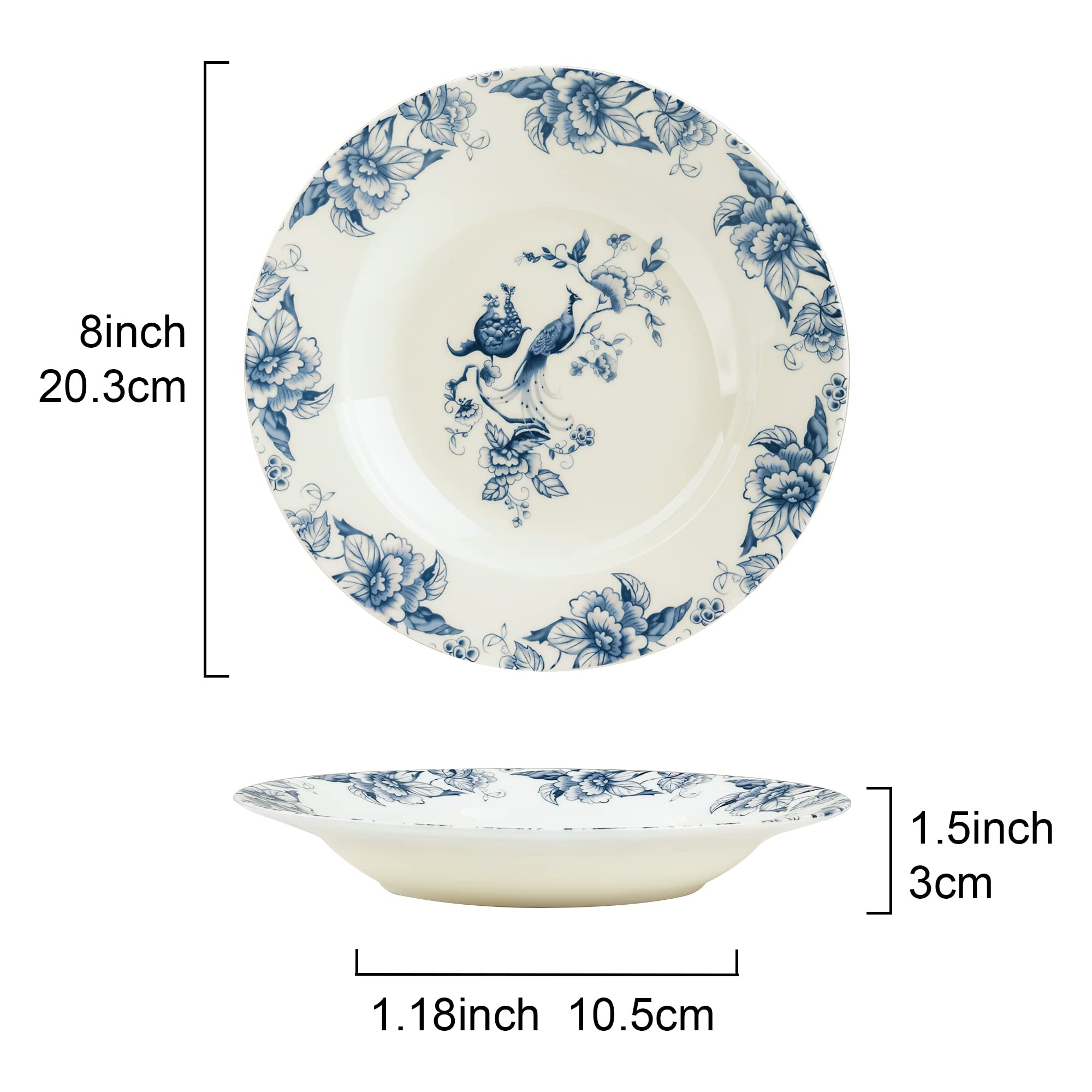 fanquare 8" Bone China Soup Bowls Set of 4, Rimmed Soup Plates Set for Salad, Pasta, Ramen, Blue Porcelain Floral Deep Plates