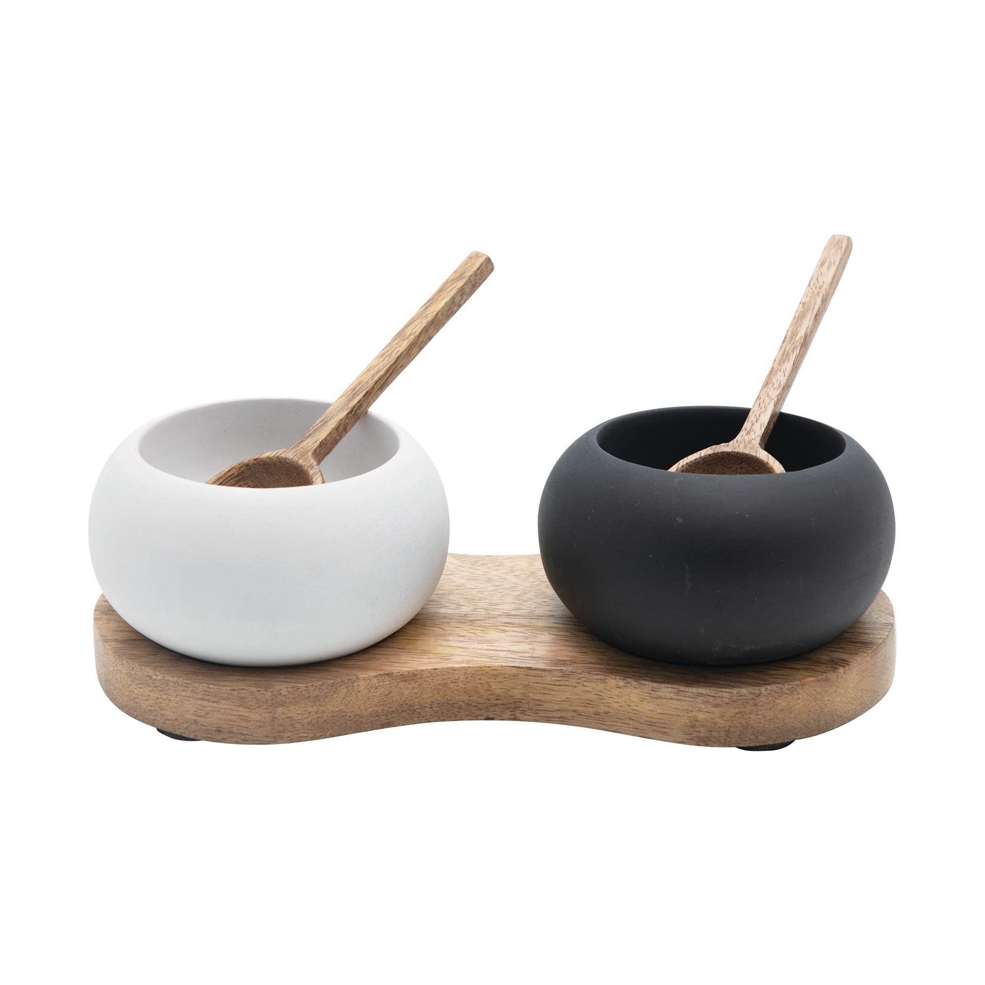 Bloomingville Mango Tray White Pinch Pot 2 Wood Spoons (Set of 5) Bowl, Black White & Natural, 5, 8 liters