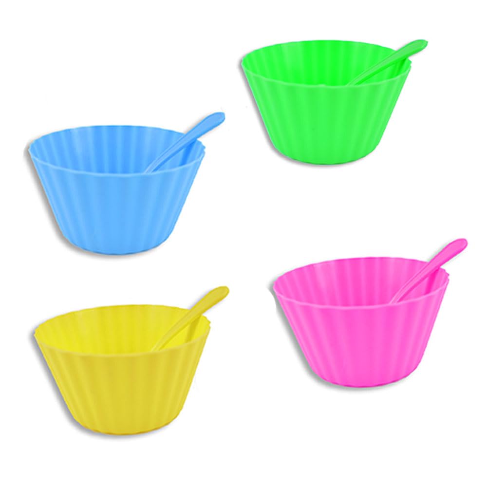 Bright Colored Ice Cream Bowls with Spoons - Dessert Banana Split Cereal- Party Supply Bundle - 16 Sets