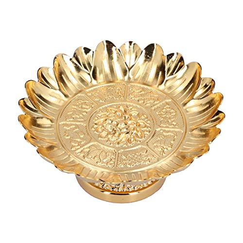 Cyrank Footed Fruit Bowl, 7in Buddhist Plate Lotus Offering Bowl Centerpiece Holder Bowl Decorative Plate for Temples Sacrifices Blessing Fruit Tray Tinplate Bowl for Altar Use