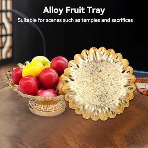 Cyrank Footed Fruit Bowl, 7in Buddhist Plate Lotus Offering Bowl Centerpiece Holder Bowl Decorative Plate for Temples Sacrifices Blessing Fruit Tray Tinplate Bowl for Altar Use