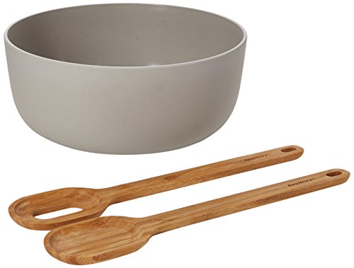 BergHOFF Leo 24cm Bamboo Salad Bowl and Silicone Servers, 3 Piece Set, 24 x 30 x 6 cm, Grey