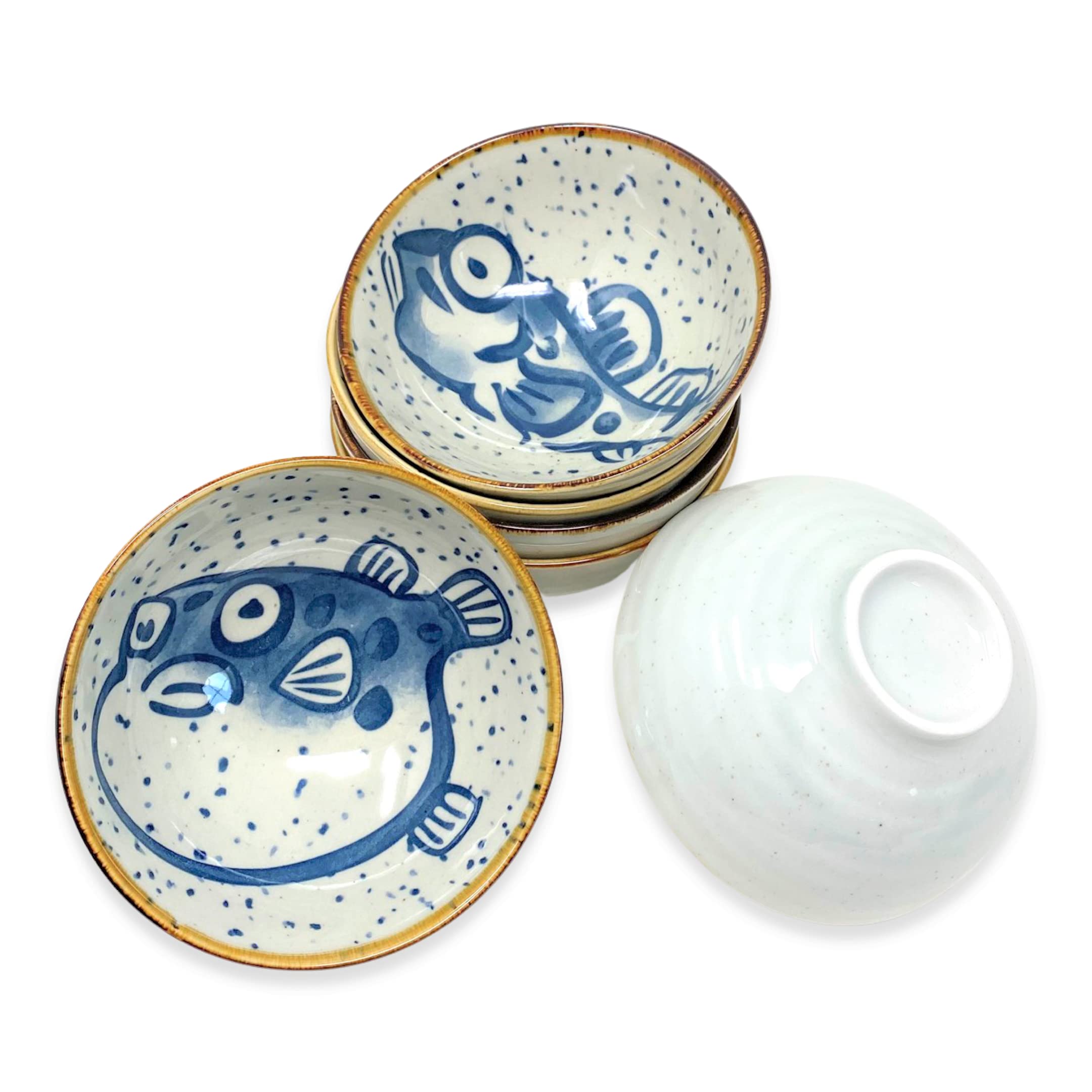 TJ Global Set of 6 Traditional Japanese Pottery Ceramic Bowls with Different Fish Designs for Rice, Salad, Soup, Cereal, Snacks, Ice Cream - 10 Fluid Ounce Capacity