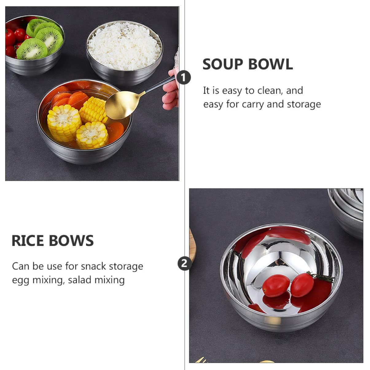 BESTonZON 2pcs Stainless Steel Double Walled Insulated Bowl Stainless Steel Bowl Vacuum Insulated Bowl Double- Layer Bowls