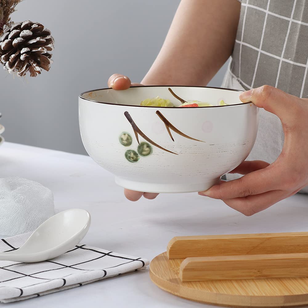 Yeking Japanese Ramen Bowls with Lid Spoon, Ceramic Ramen Bowl Hand Drawn Rice Bowl Retro Tableware Noodle Bowl 6.5 inch (White-DZ)