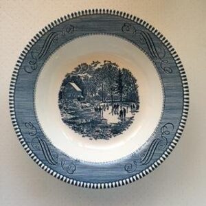 currier & ives 8 1/2" soup / salad bowl "early winter" by royal made in the usa vintage 1950's blue
