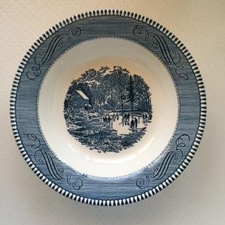 Currier & Ives 8 1/2" Soup / Salad Bowl "Early Winter" by Royal Made in the USA Vintage 1950's Blue