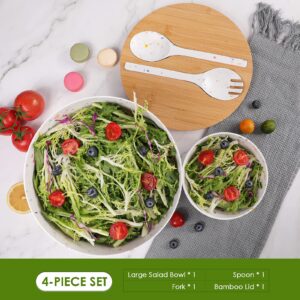 ECOWAY Salad Serving Bowl Set with Natural Bamboo Lid & Utensils, Bamboo Fiber Mixed with Melamine Salad Bowl Large, with Spoon&Tongs for Mixing Salads, Soup, Vegetables, Pasta and Fruit, 9.84 Inches