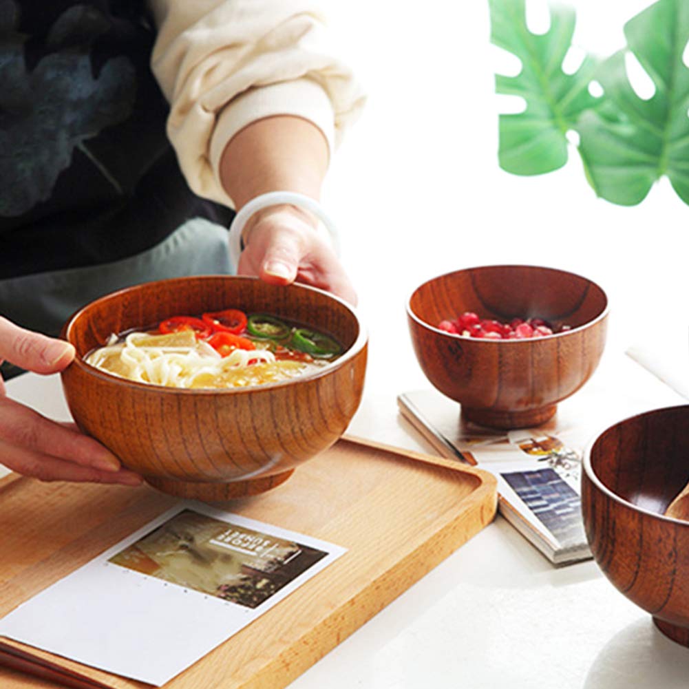 heaven2017 Japanese Style Solid Wooden Bowl Soup Rice Noodles Food Serving Bowl L