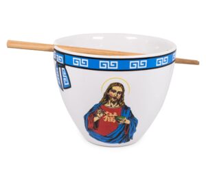 bowl bop jesus can i get a ramen? japanese ceramic dinnerware set | includes 16-ounce ramen noodle bowl and wooden chopsticks | asian food dish set for home & kitchen | funny religious gifts