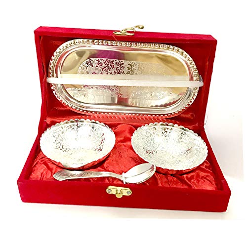 Silver and Gold (color) Plated Bowls Set Dry Fruit Bowl Set with Tray Home Decor Gift Item Dry Fruit Serving Set with Velvet Box Nuts Gift Box