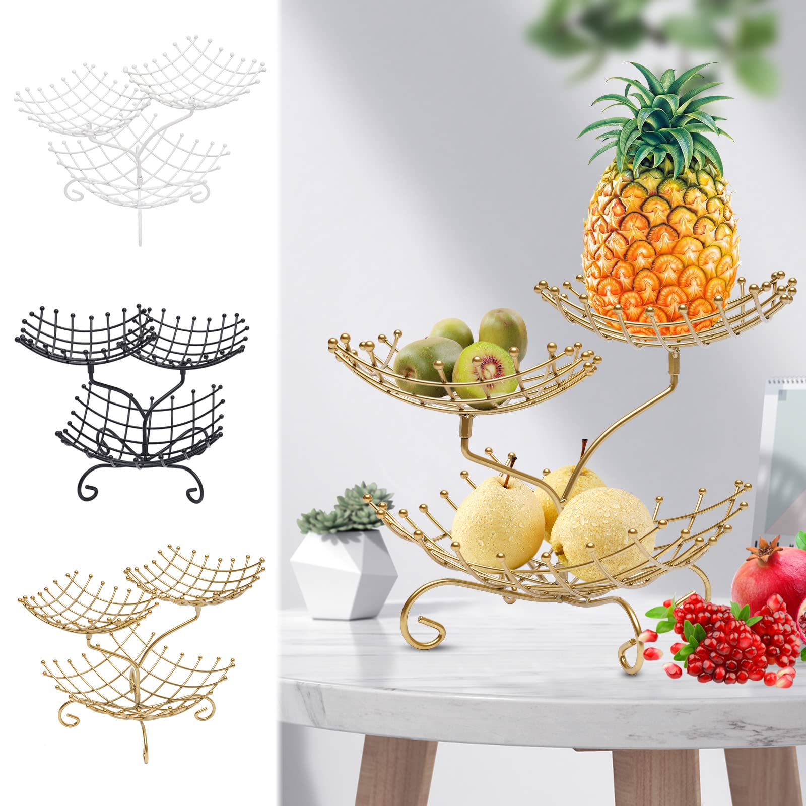 DYRABREST 3-Tier Fruit Basket Fruit Bowl Stand Fruit Cake Tray Plate 3 Tier Storage Rack Fruit Vegetable Bowl Desserts Candy Buffet Plate Serving Tray fo Family Dinner Birthday Party Wedding (Gold)