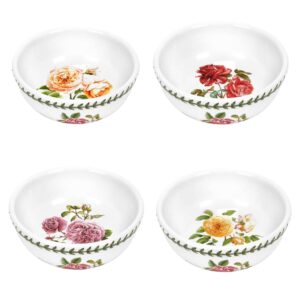 portmeirion botanic roses 5-inch bowl, assorted rose motifs, set of 4, dishwasher, microwave, and warm oven safe, ceramic bowls for dessert, ice cream, and oatmeal