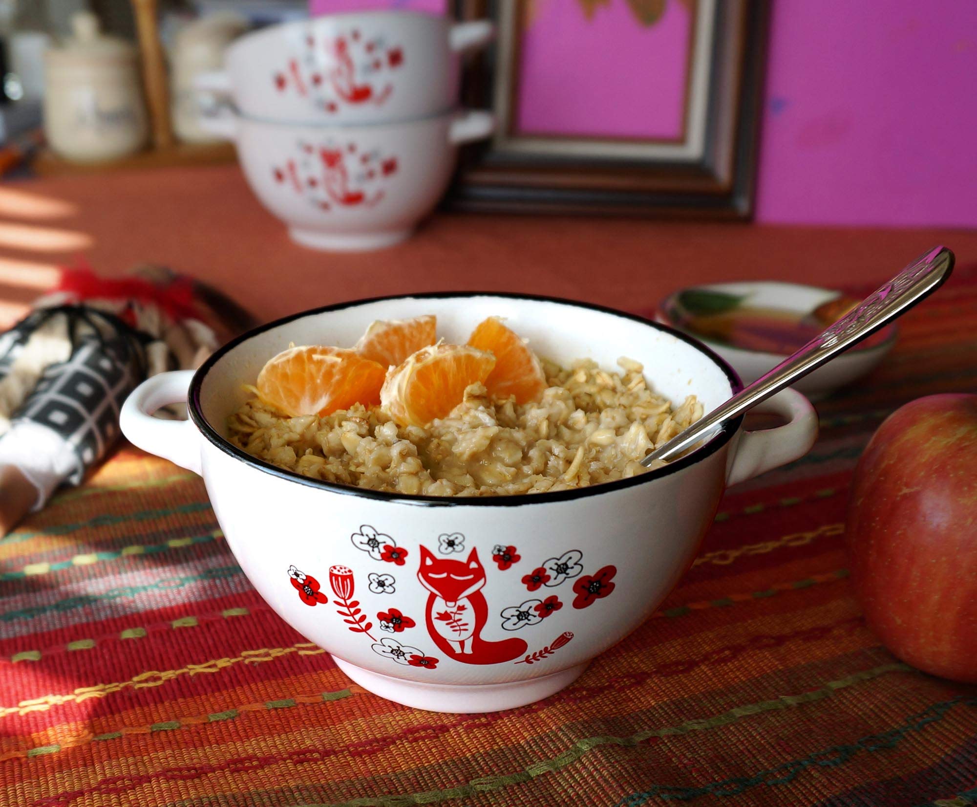 20-ounce Footed Ceramic White Soup Cereal Bowls with Handles - Set of 4 - Fox Folk Art Dinnerware Crocks