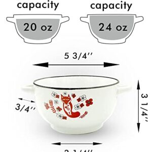 20-ounce Footed Ceramic White Soup Cereal Bowls with Handles - Set of 4 - Fox Folk Art Dinnerware Crocks