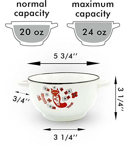 20-ounce Footed Ceramic White Soup Cereal Bowls with Handles - Set of 4 - Fox Folk Art Dinnerware Crocks