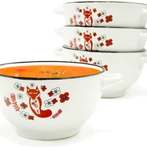 20-ounce Footed Ceramic White Soup Cereal Bowls with Handles - Set of 4 - Fox Folk Art Dinnerware Crocks