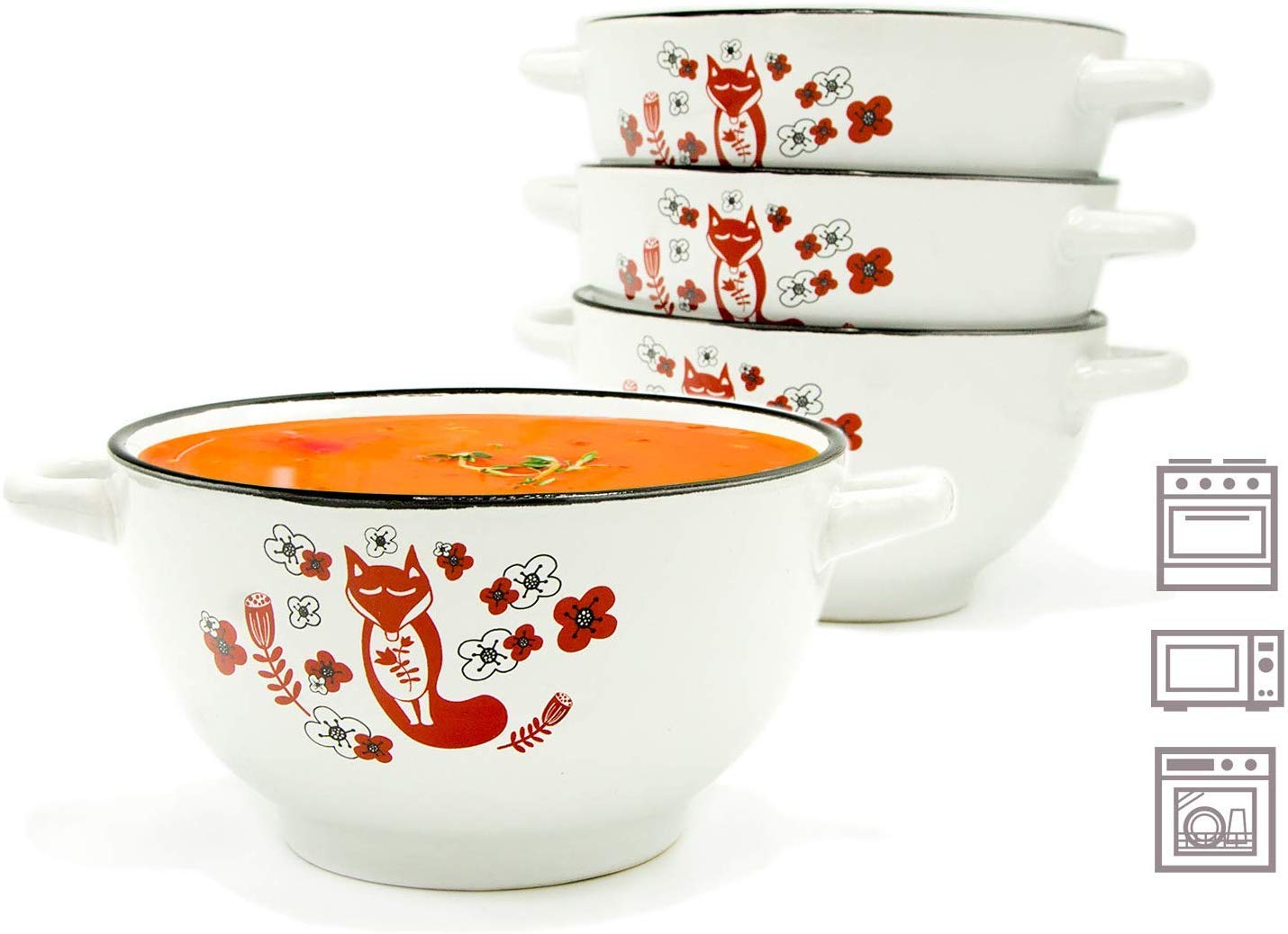 20-ounce Footed Ceramic White Soup Cereal Bowls with Handles - Set of 4 - Fox Folk Art Dinnerware Crocks