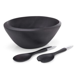 nambe noir dark stained salad bowl and 2 servers with nambe alloy accents | measures 15" x 10" | made with acacia wood and nambe alloy | designed by steve cozzolino