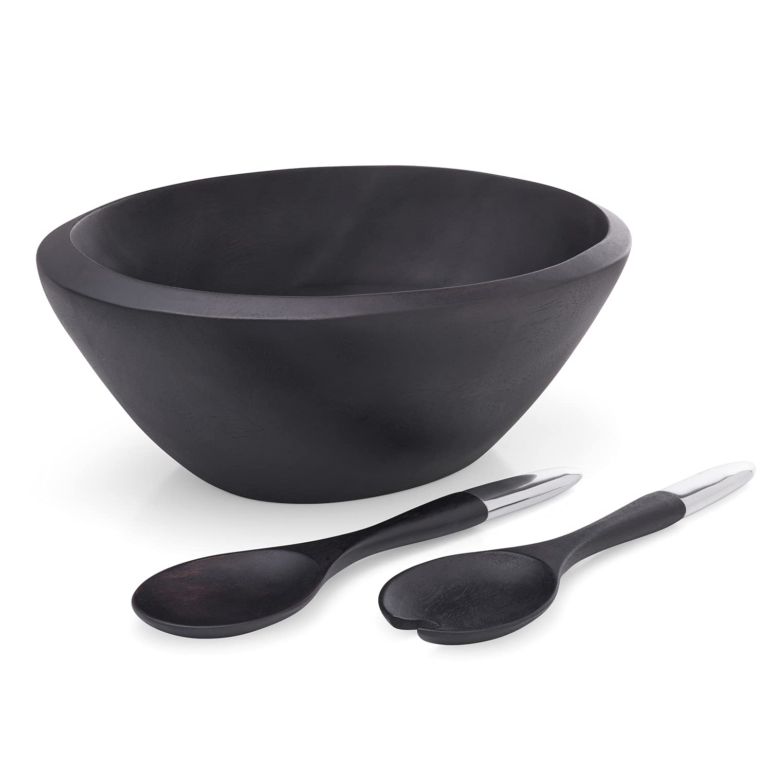 nambe Noir Dark Stained Salad Bowl and 2 Servers with Nambe Alloy Accents | Measures 15" x 10" | Made with Acacia Wood and Nambe Alloy | Designed by Steve Cozzolino