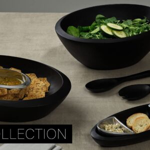 nambe Noir Dark Stained Salad Bowl and 2 Servers with Nambe Alloy Accents | Measures 15" x 10" | Made with Acacia Wood and Nambe Alloy | Designed by Steve Cozzolino