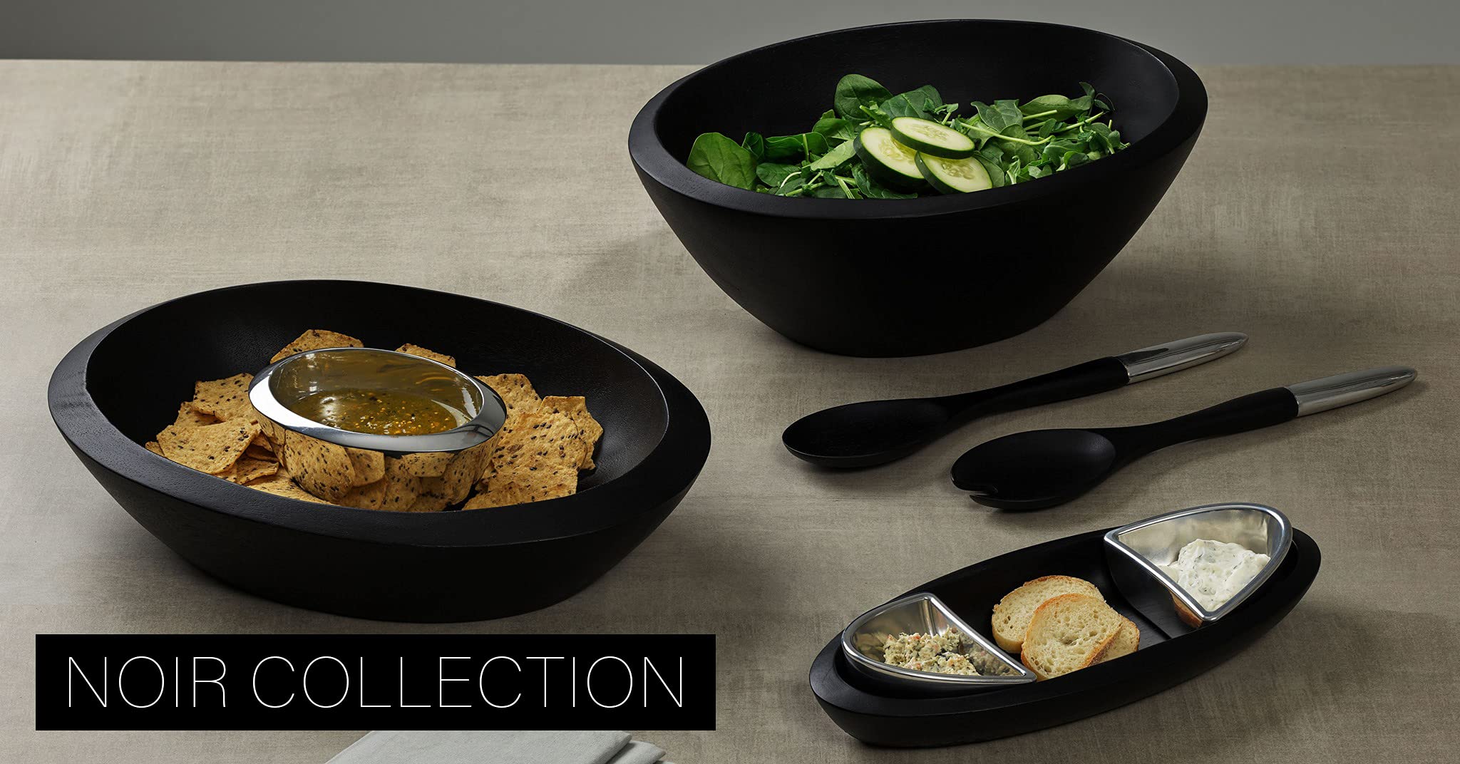 nambe Noir Dark Stained Salad Bowl and 2 Servers with Nambe Alloy Accents | Measures 15" x 10" | Made with Acacia Wood and Nambe Alloy | Designed by Steve Cozzolino