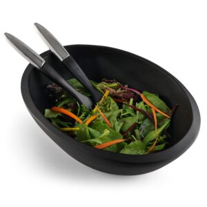 nambe Noir Dark Stained Salad Bowl and 2 Servers with Nambe Alloy Accents | Measures 15" x 10" | Made with Acacia Wood and Nambe Alloy | Designed by Steve Cozzolino