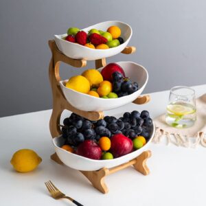 DNYSYSJ 3 Tier Ceramic Fruit Plate Bowl with Bamboo Wood Stand,Fruit&Vegetable Candy Dish Decor Basket Large Capacity Vegetable Storage Stand Snacks Rack Tray Plate Rack for Party Wedding,White