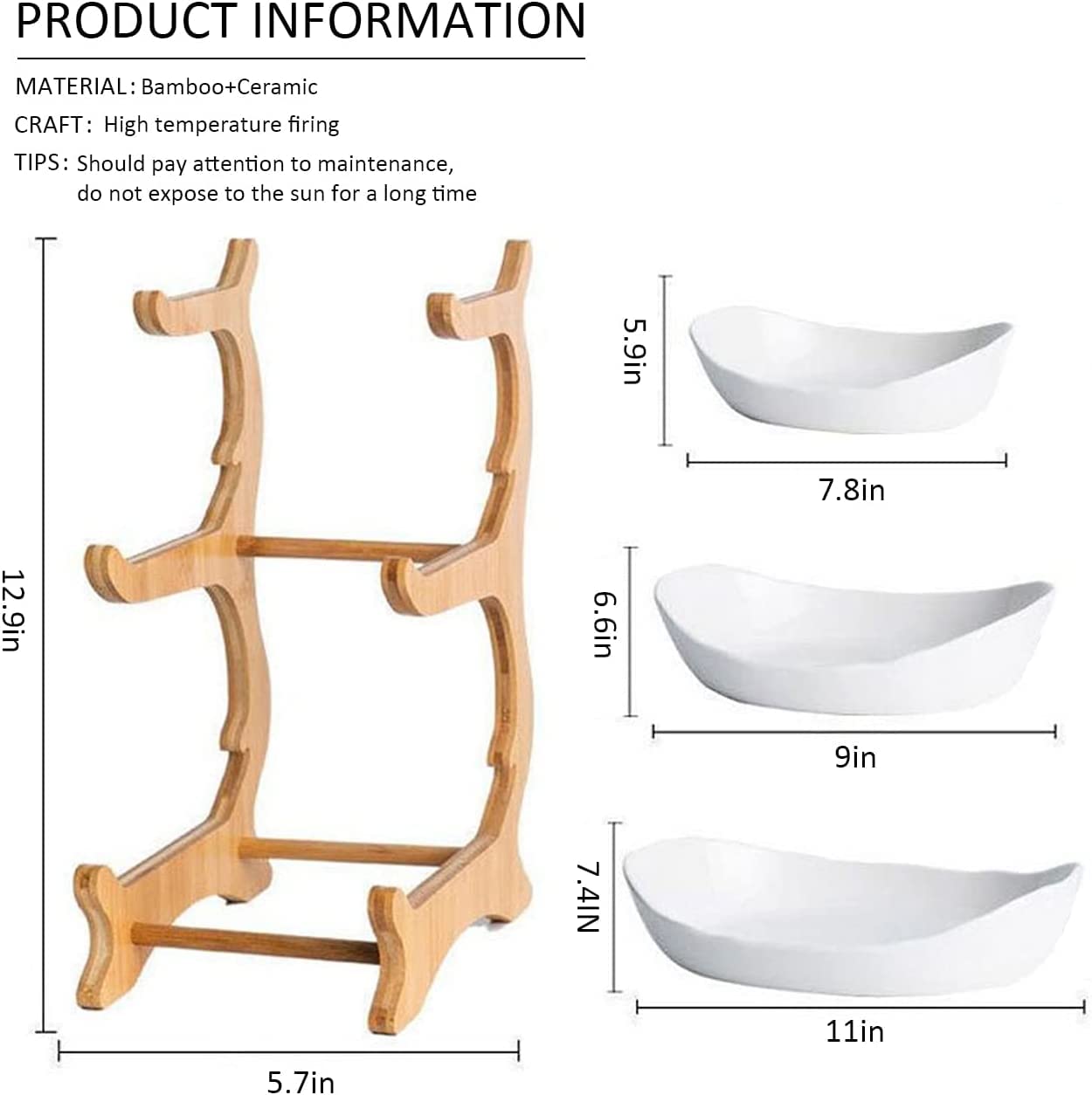 DNYSYSJ 3 Tier Ceramic Fruit Plate Bowl with Bamboo Wood Stand,Fruit&Vegetable Candy Dish Decor Basket Large Capacity Vegetable Storage Stand Snacks Rack Tray Plate Rack for Party Wedding,White