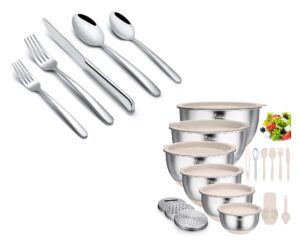 wildone silverware set for 12 and mixing bowls with airtight lids 22 pcs