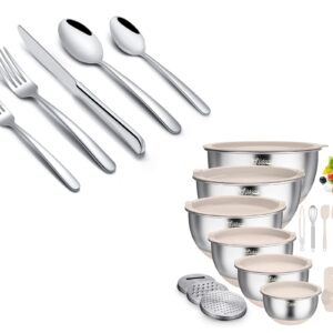 Wildone Silverware Set for 12 and Mixing Bowls with Airtight Lids 22 PCS