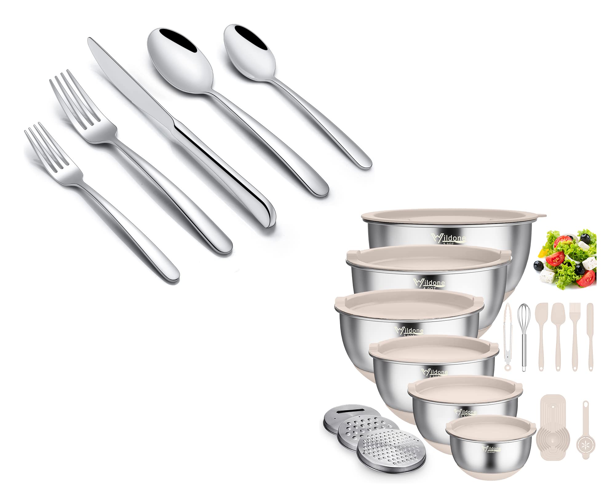 Wildone Silverware Set for 12 and Mixing Bowls with Airtight Lids 22 PCS