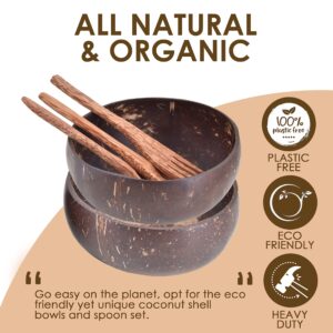 Premium Natural Thai Polished Coconut Wooden Bowl And Spoon Set, Hand Carved Wood Spoons, Perfect Eco-Friendly Gifts for Vegan, Buddha Bowls, Acai Smoothie Drinking Cups - Set of 2