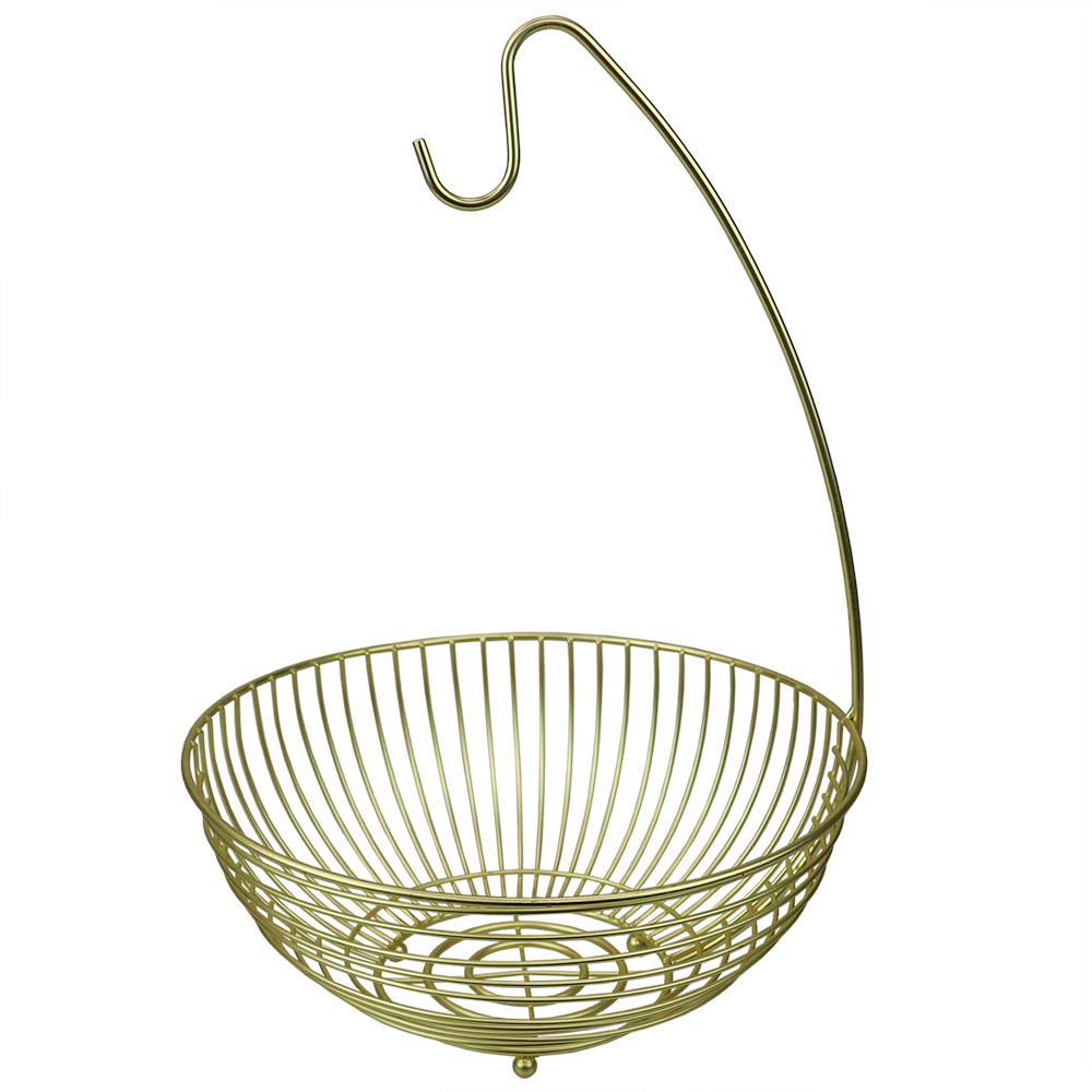 Home Basics Halo Steel Fruit Basket with Banana Hanger, Gold, 11" x 11" x 16"