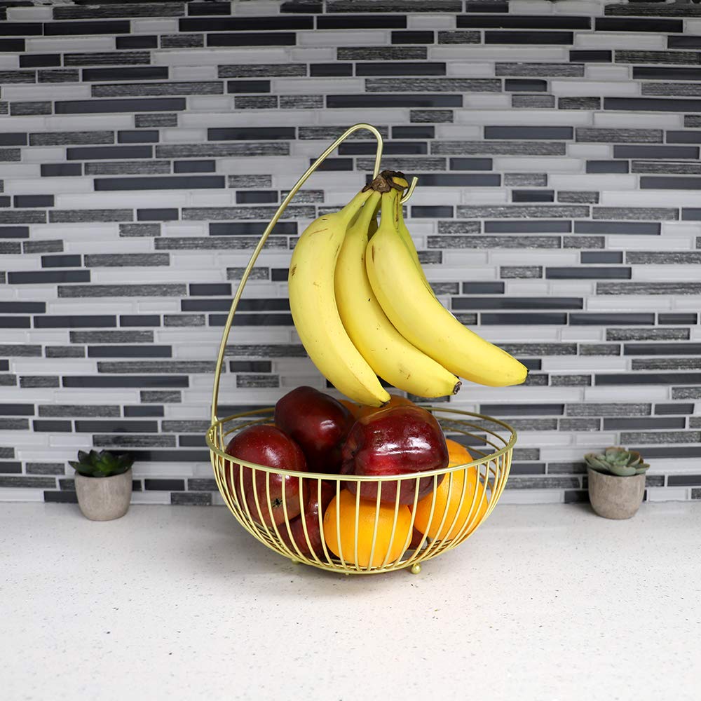 Home Basics Halo Steel Fruit Basket with Banana Hanger, Gold, 11" x 11" x 16"