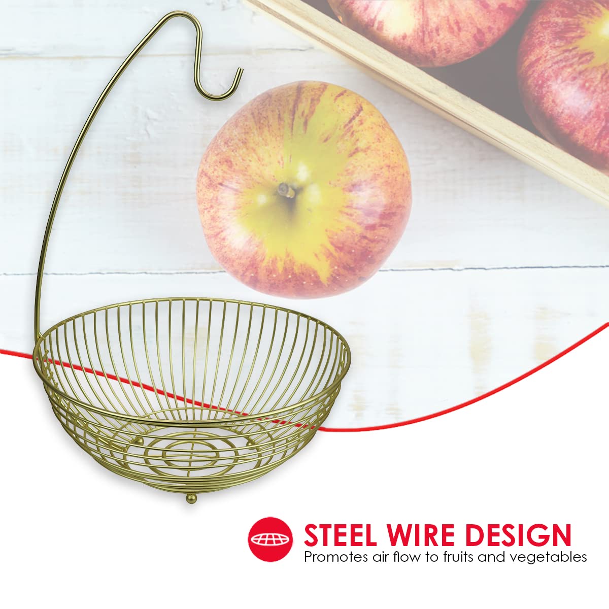 Home Basics Halo Steel Fruit Basket with Banana Hanger, Gold, 11" x 11" x 16"