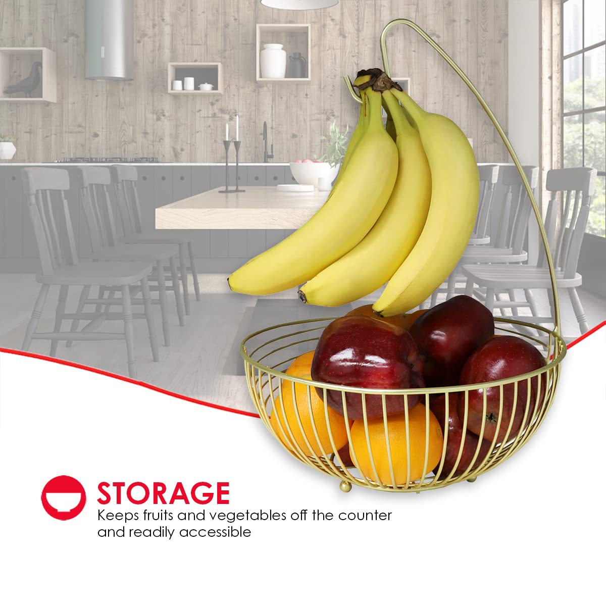 Home Basics Halo Steel Fruit Basket with Banana Hanger, Gold, 11" x 11" x 16"