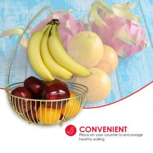 Home Basics Halo Steel Fruit Basket with Banana Hanger, Gold, 11" x 11" x 16"