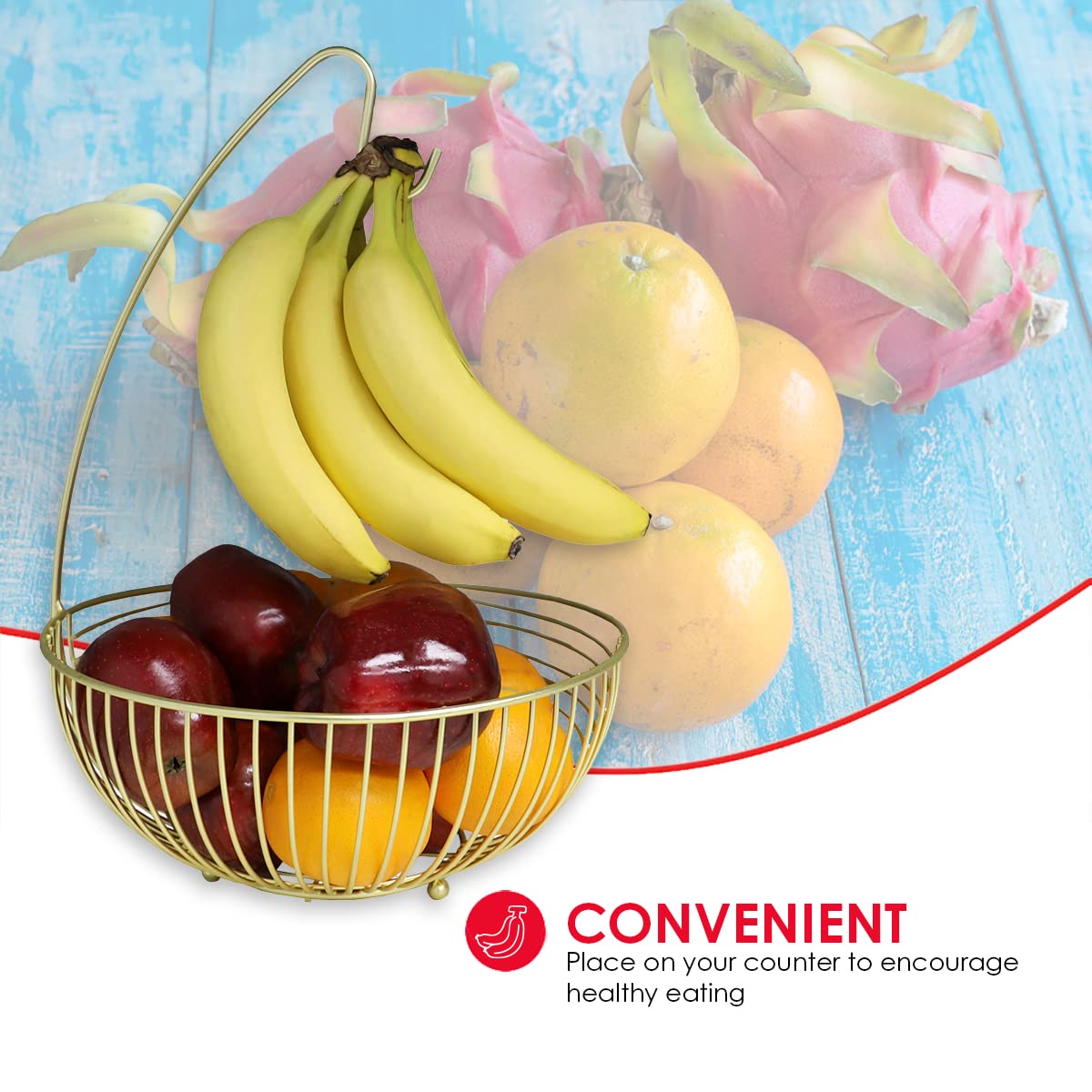 Home Basics Halo Steel Fruit Basket with Banana Hanger, Gold, 11" x 11" x 16"