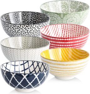 fushengda porcelain bowl set - ceramic cereal bowls set of 6- colorful soup bowls, oatmeal bowls, bowls for soup, salad, rice, ramen, dessert, rice, noodle, bowls for kitchen, assorted designs