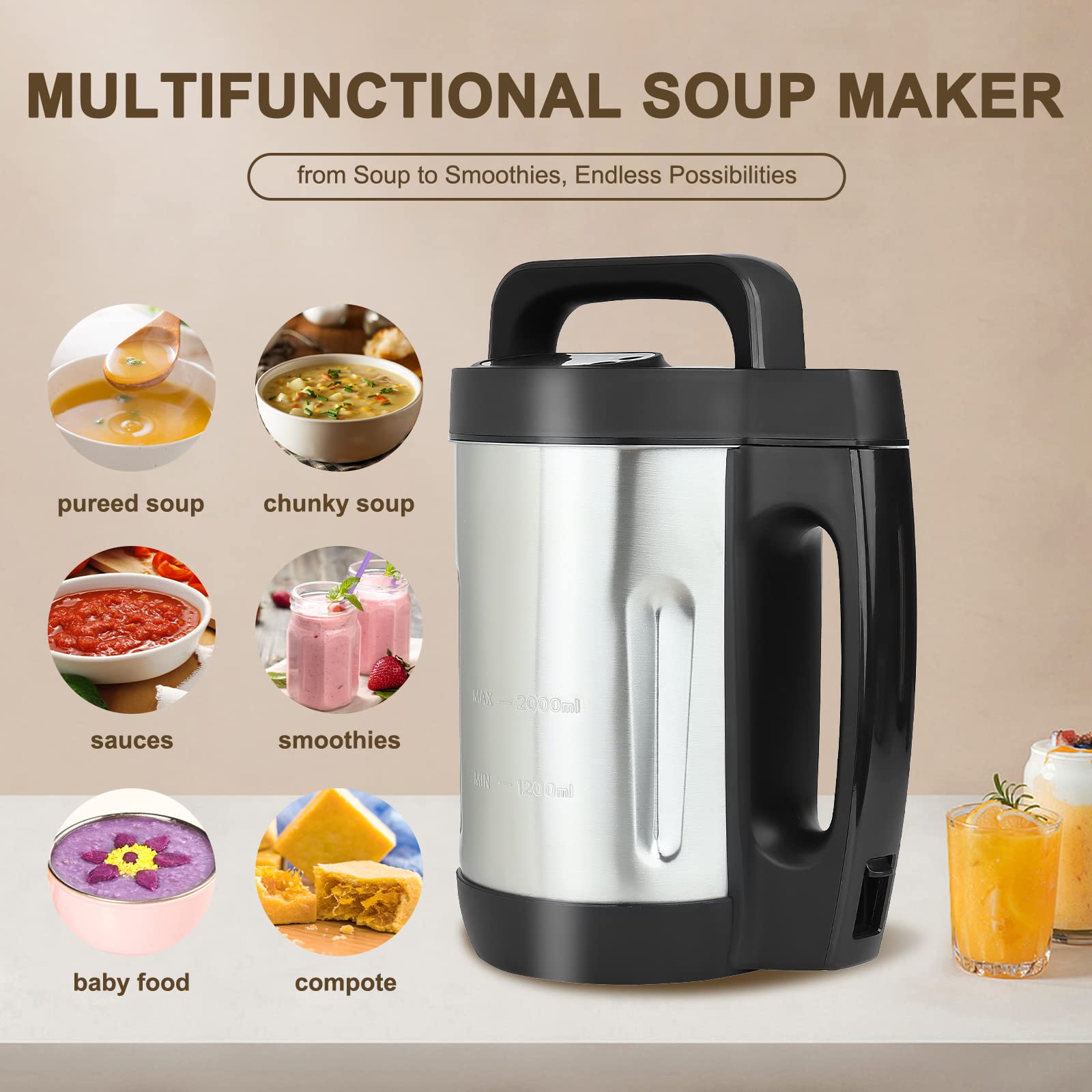 bathivy Soup Maker, Automatical Multi-Function Fresh Soup and Smoothie Make Machine | 2 Liters, 6 Functions, Stainless Steel, LED Display | Blend, Smooth, Chunky, Compote, Pre-heat, Clean (Black)