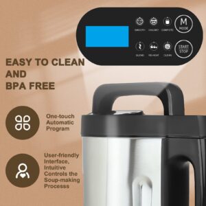 bathivy Soup Maker, Automatical Multi-Function Fresh Soup and Smoothie Make Machine | 2 Liters, 6 Functions, Stainless Steel, LED Display | Blend, Smooth, Chunky, Compote, Pre-heat, Clean (Black)