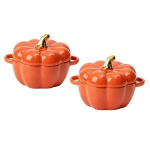 FYUEROPA Pumpkin Bowl Set with Lid and Handle, 14 Oz Ceramic Ramekins for Baking, Casserole Dish Individual Severing Pot, Stoneware, Oven Safe, Set of 2 (Orange)