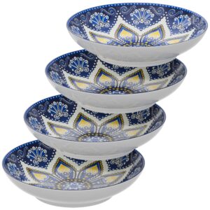american atelier pasta bowls | set of 4 | large, 9-inch, dinner serving plates | wide and shallow bowls set for pasta, salad, soup, spaghetti, stews, or cereal | blue & yellow medallion motif