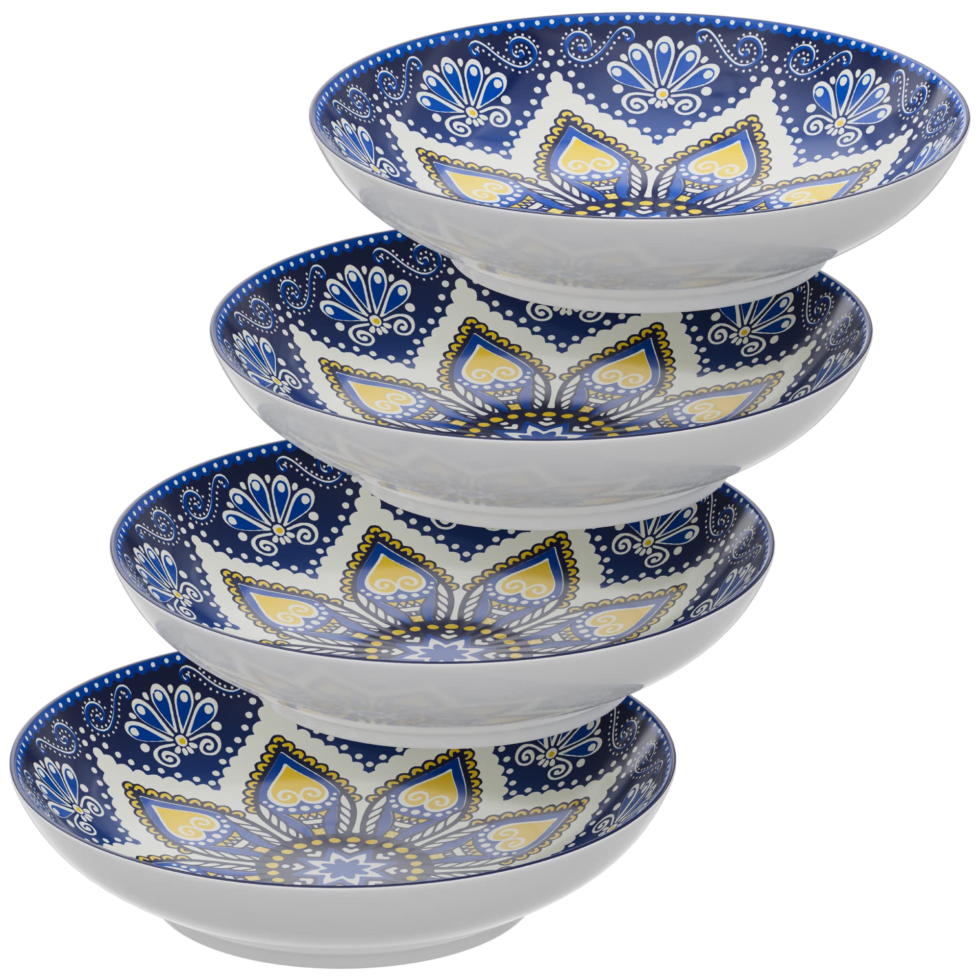 American Atelier Pasta Bowls | Set of 4 | Large, 9-inch, Dinner Serving Plates | Wide and Shallow Bowls Set for Pasta, Salad, Soup, Spaghetti, Stews, or Cereal | Blue & Yellow Medallion Motif