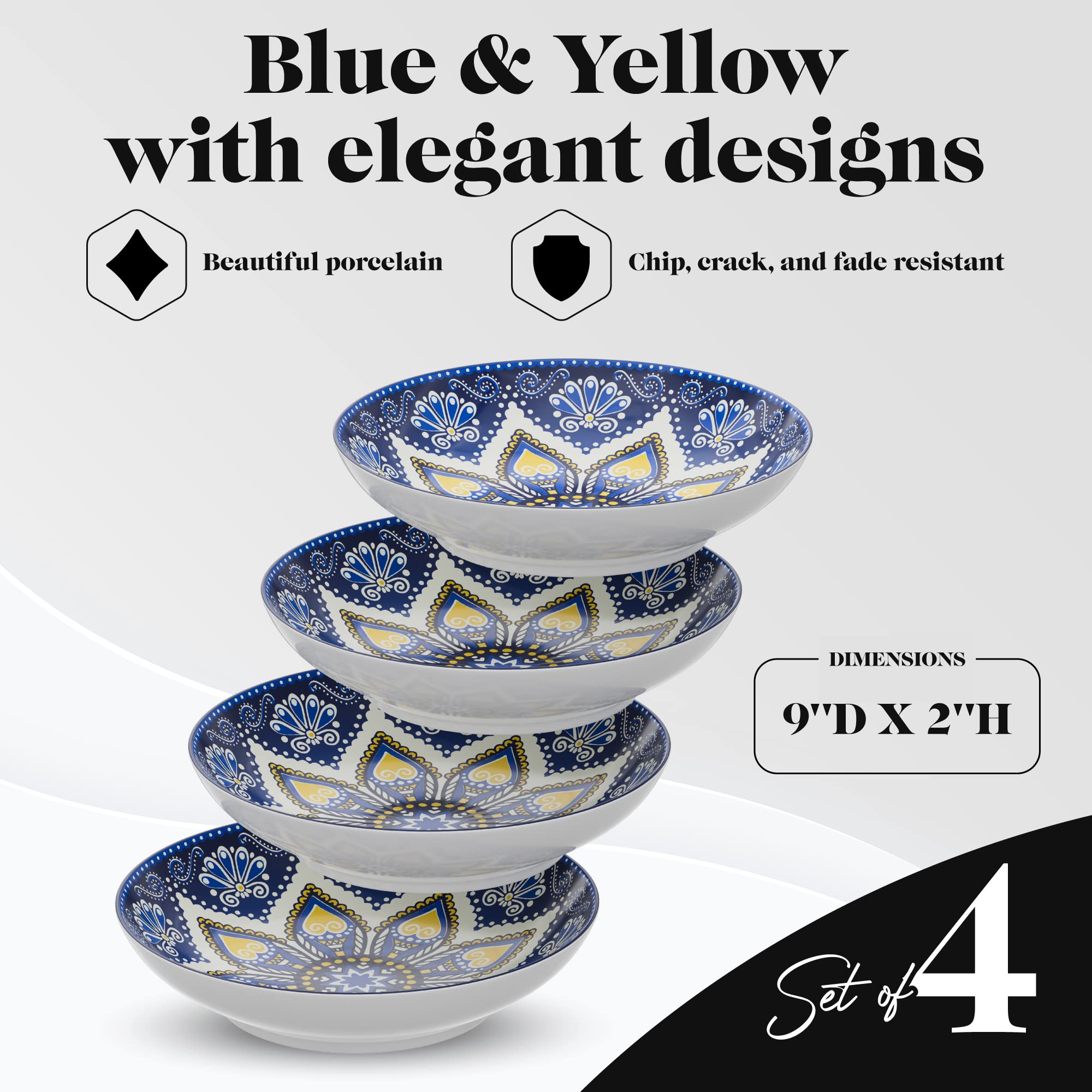 American Atelier Pasta Bowls | Set of 4 | Large, 9-inch, Dinner Serving Plates | Wide and Shallow Bowls Set for Pasta, Salad, Soup, Spaghetti, Stews, or Cereal | Blue & Yellow Medallion Motif