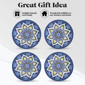 American Atelier Pasta Bowls | Set of 4 | Large, 9-inch, Dinner Serving Plates | Wide and Shallow Bowls Set for Pasta, Salad, Soup, Spaghetti, Stews, or Cereal | Blue & Yellow Medallion Motif