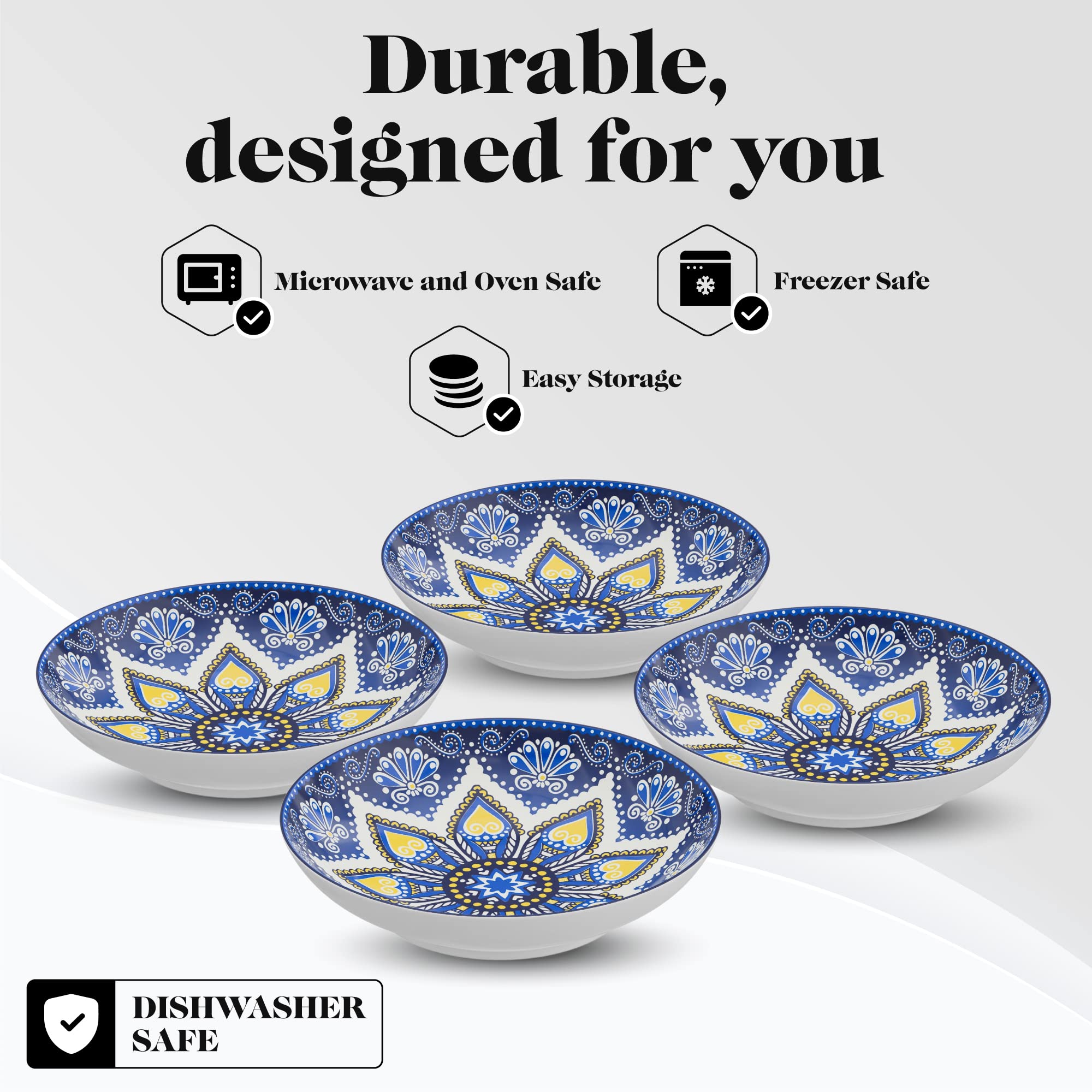 American Atelier Pasta Bowls | Set of 4 | Large, 9-inch, Dinner Serving Plates | Wide and Shallow Bowls Set for Pasta, Salad, Soup, Spaghetti, Stews, or Cereal | Blue & Yellow Medallion Motif